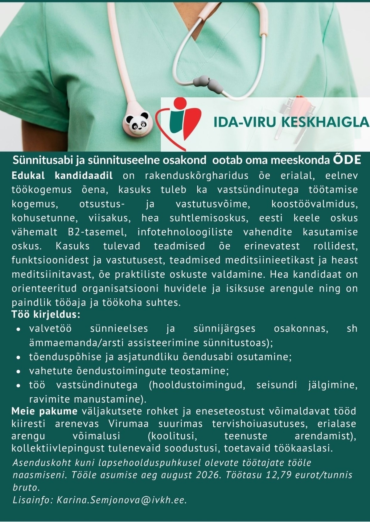Ida-Viru Keskhaigla SA Õde sünnitusabi ja sünnituseelsesse osakonda