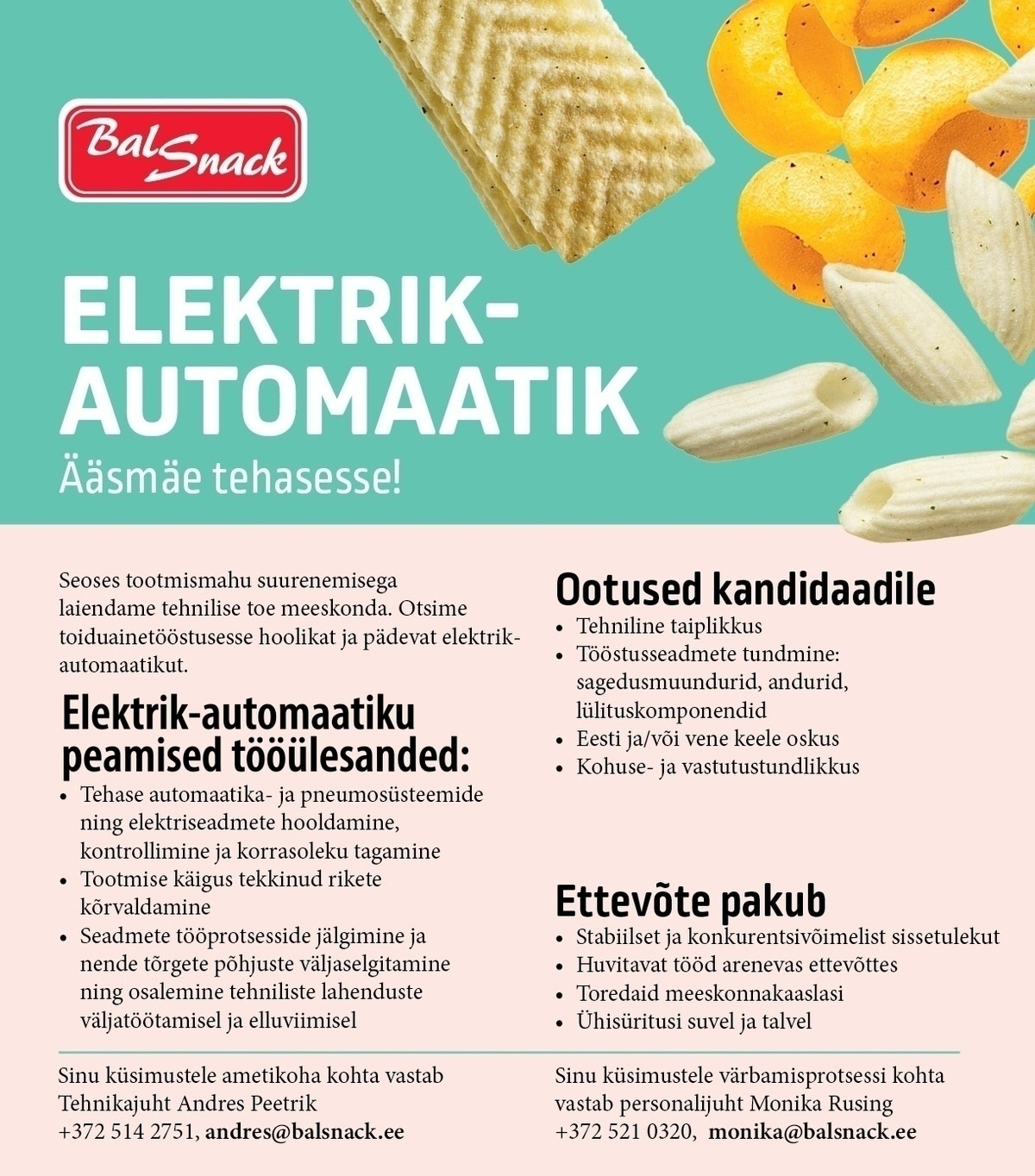 Balsnack International Holding AS Elektrik-automaatik Ääsmäe tehasesse