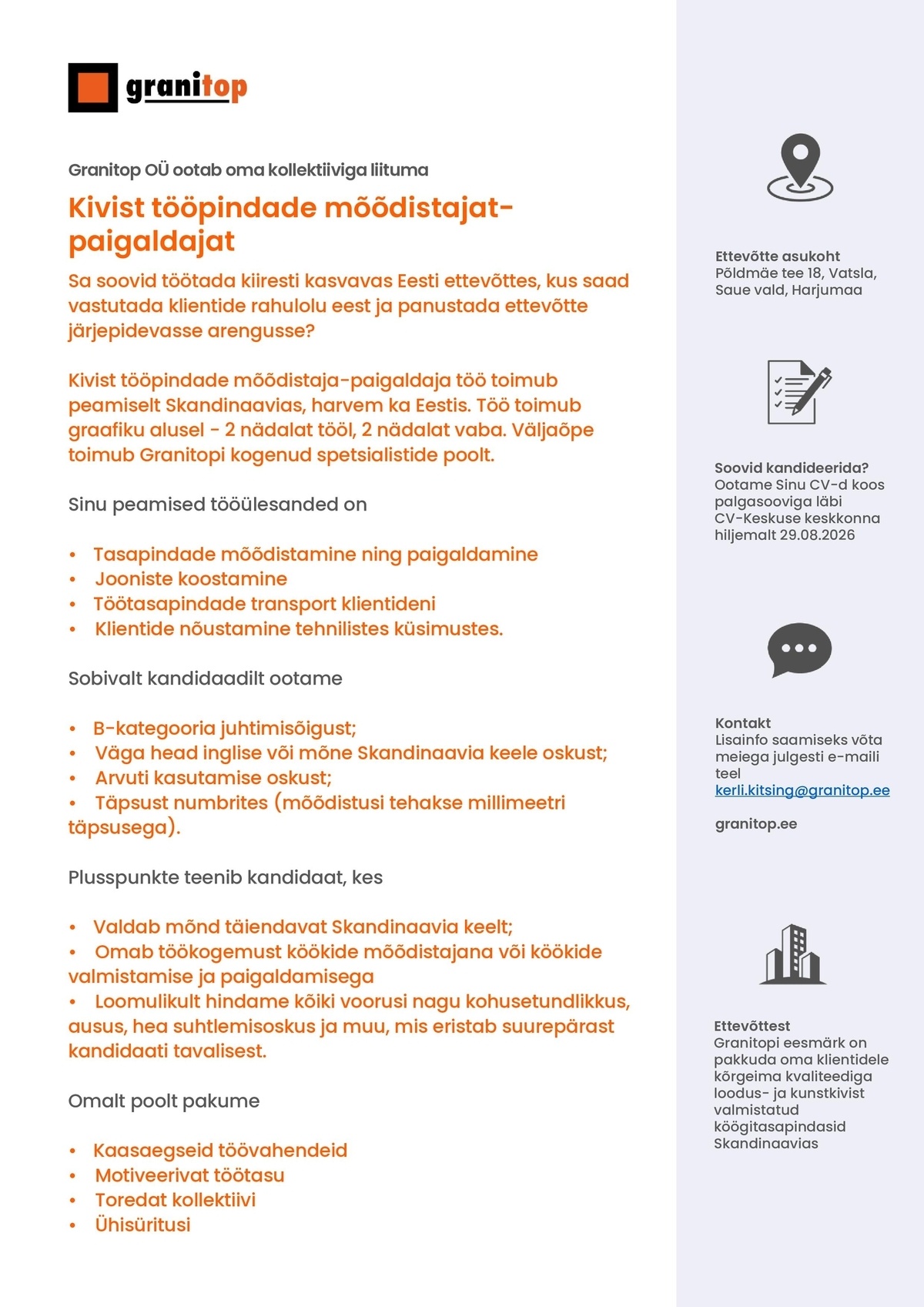 GRANITOP OÜ Kivist tööpindade mõõdistaja-paigaldaja