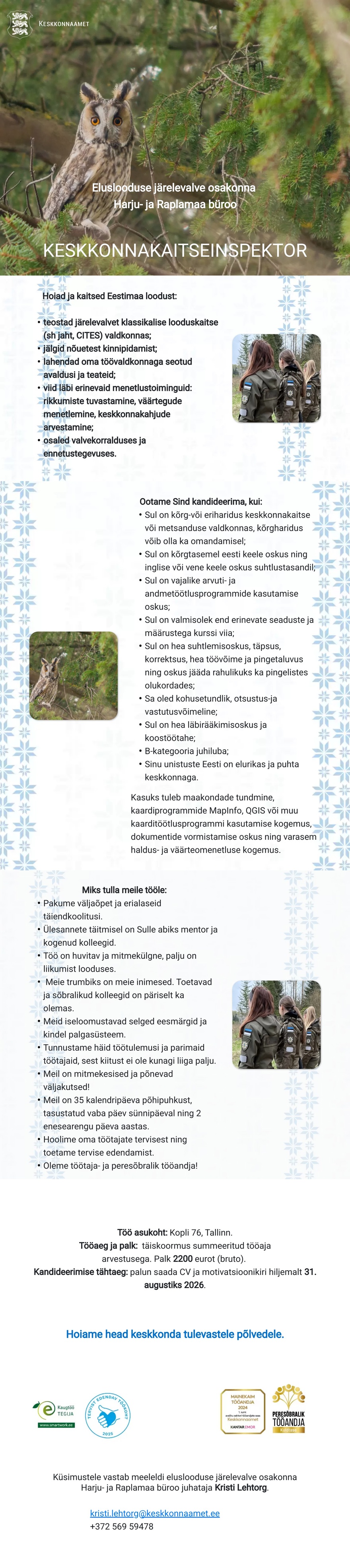 Keskkonnaamet Eluslooduse järelevalve osakonna Harju- ja Raplamaa büroo keskkonnakaitseinspektor