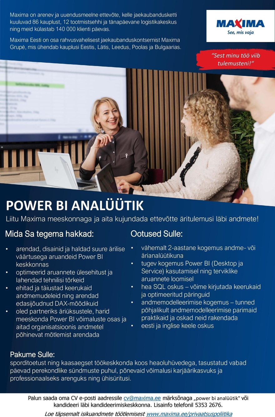 Maxima Eesti OÜ Power Bi analüütik