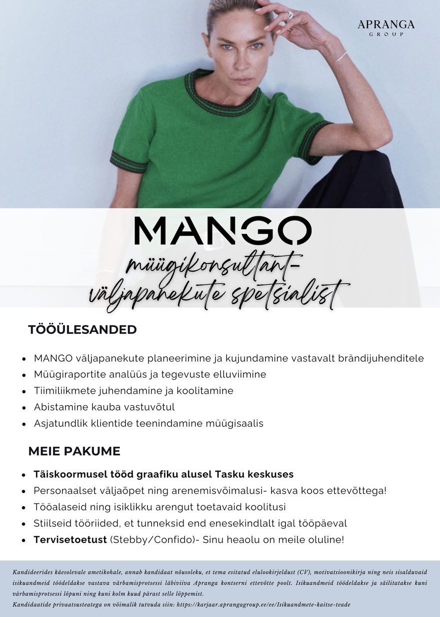 Apranga OÜ MANGO Tasku müügikonsultant- väljapanekute spetsialist