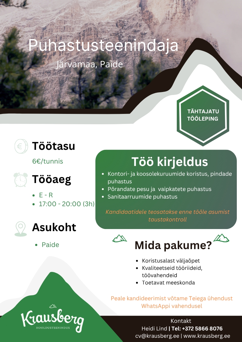Krausberg Eesti OÜ Puhastusteenindaja, Paide (õhtune, osaline)