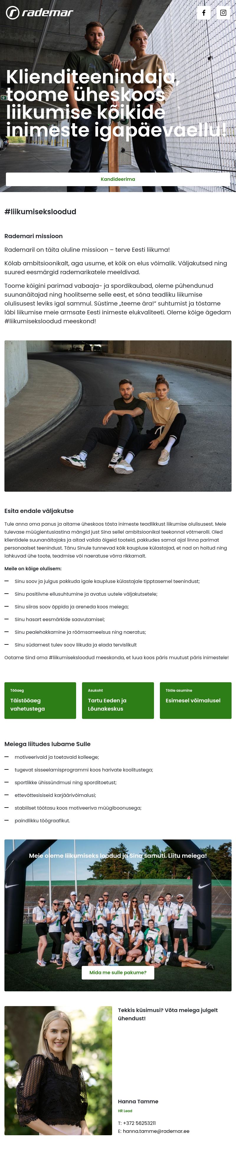 Rademar OÜ Klienditeenindaja- toome liikumise kõikide inimeste igapäevaellu!