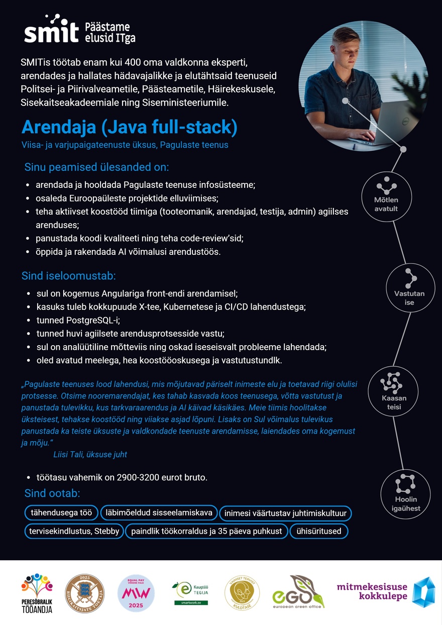 Siseministeeriumi infotehnoloogia- ja arenduskeskus Java Full Stack Arendaja