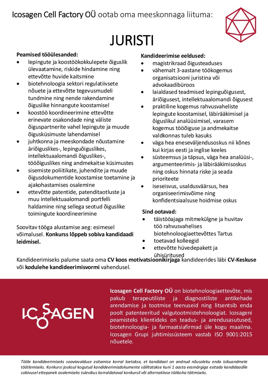 Icosagen Cell Factory OÜ JURIST