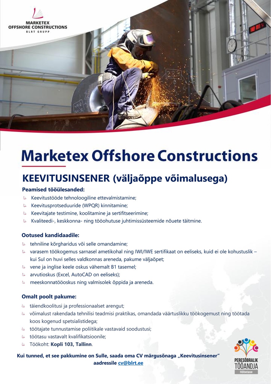 Marketex Offshore Constructions Keevitusinsener (väljaõppe võimalusega)