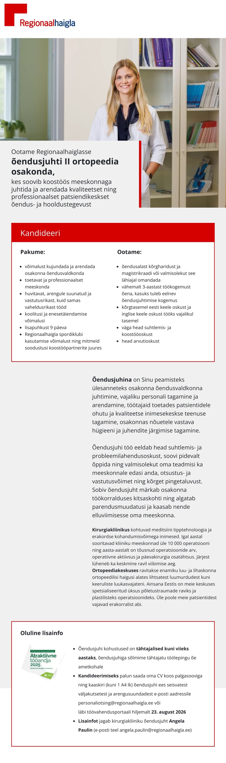 Põhja-Eesti Regionaalhaigla Õendusjuht II ortopeedia osakonda