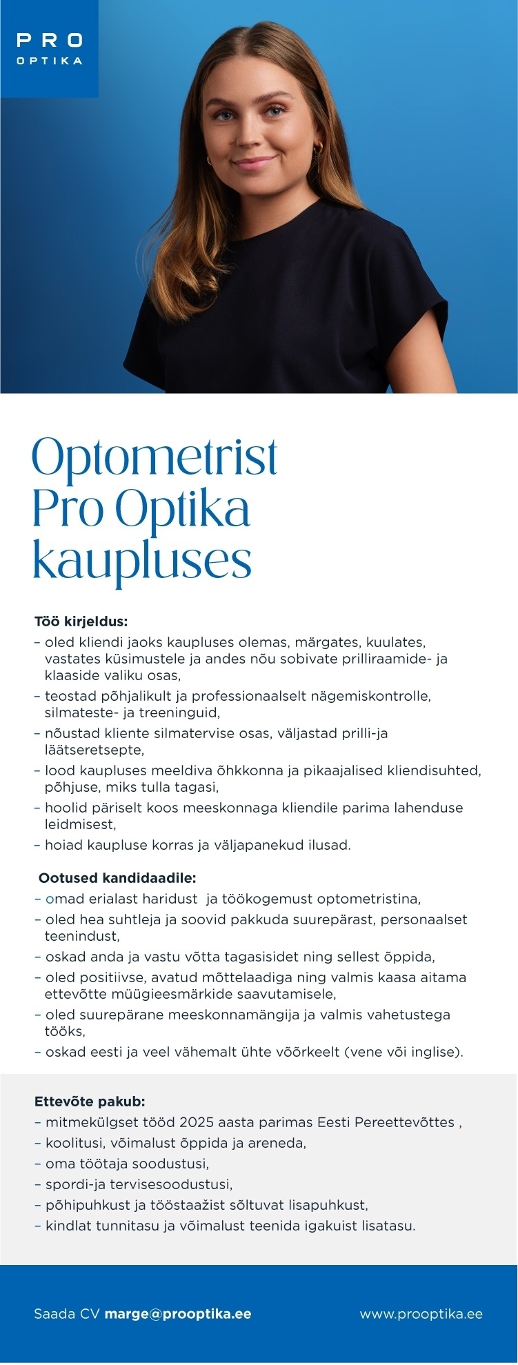 Pro Optika Optometrist Pro Optika kaupluses Tartus