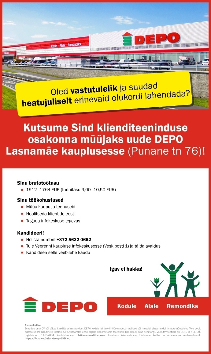 DEPO DIY EE OÜ Klienditeeninduse osakonna müüja, Lasnamäe (Punane tn 76)