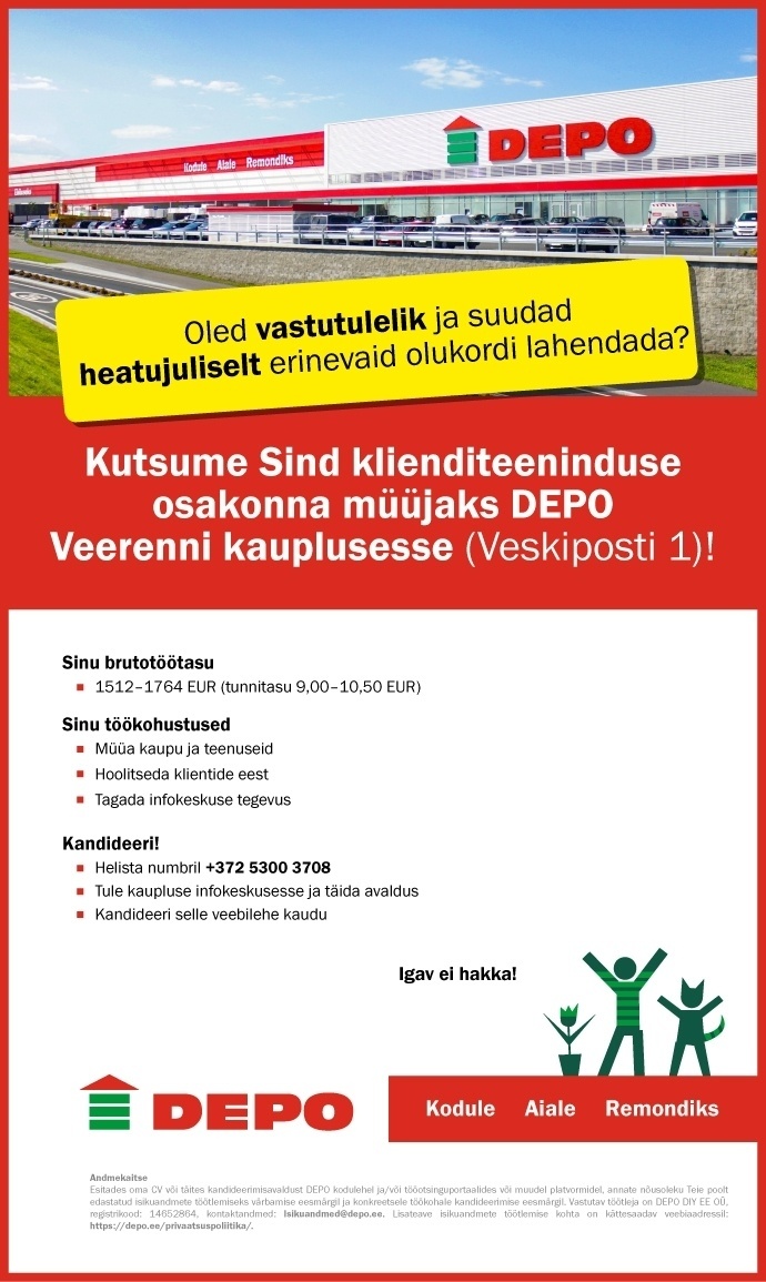 DEPO DIY EE OÜ Klienditeeninduse osakonna müüja, Veerenni (Veskiposti 1)