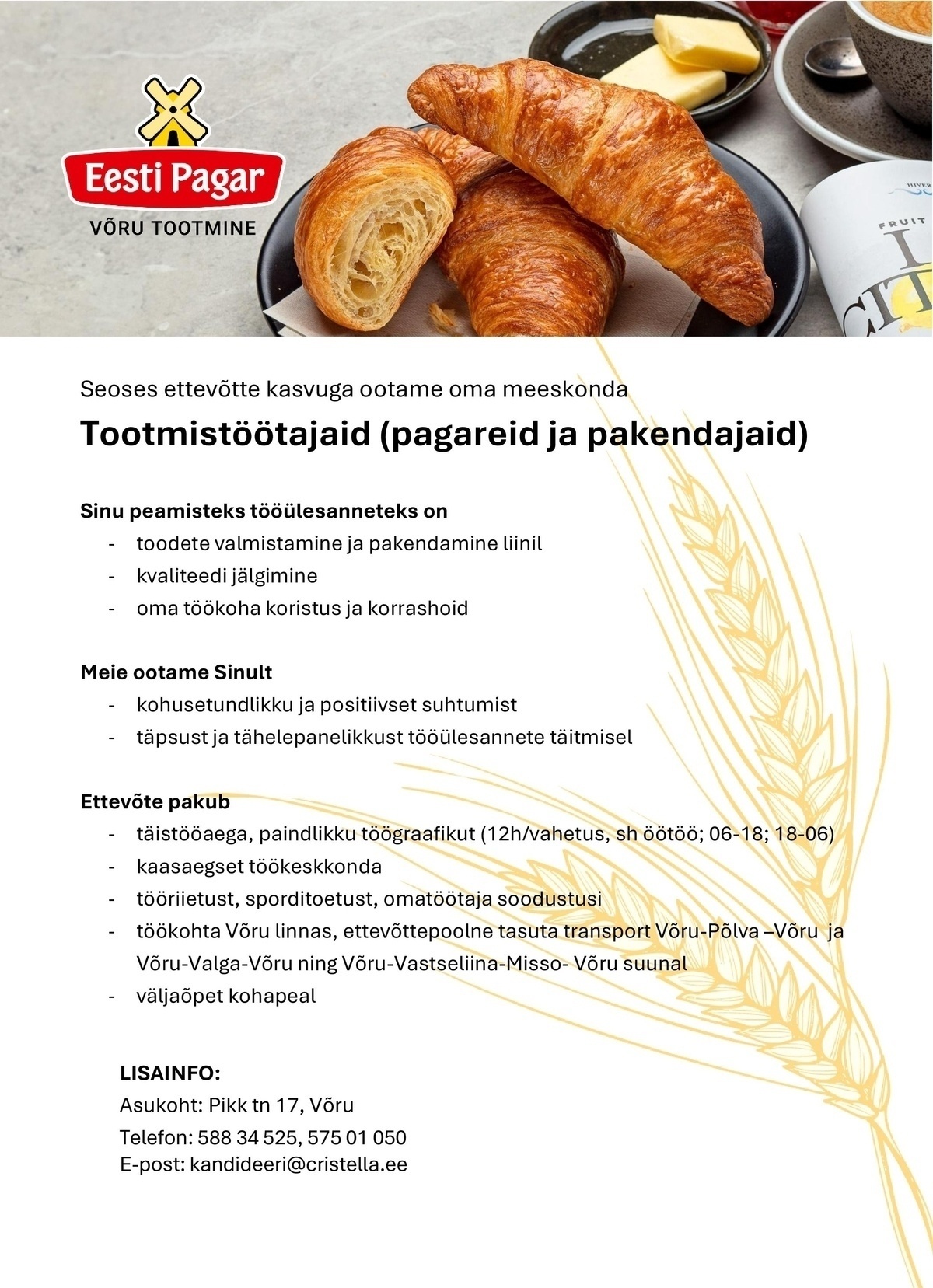 CRISTELLA VT OÜ Tootmistöötaja (pagar ja pakendaja)