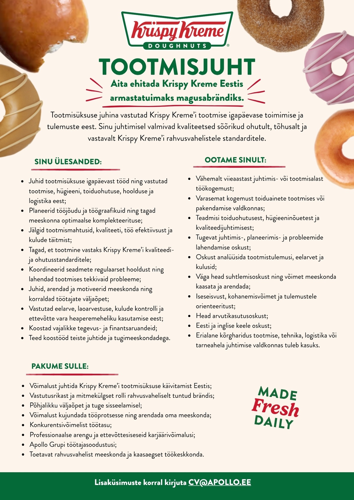APL Sweets OÜ Krispy Kreme on peagi kohal – otsime tootmisjuhti!