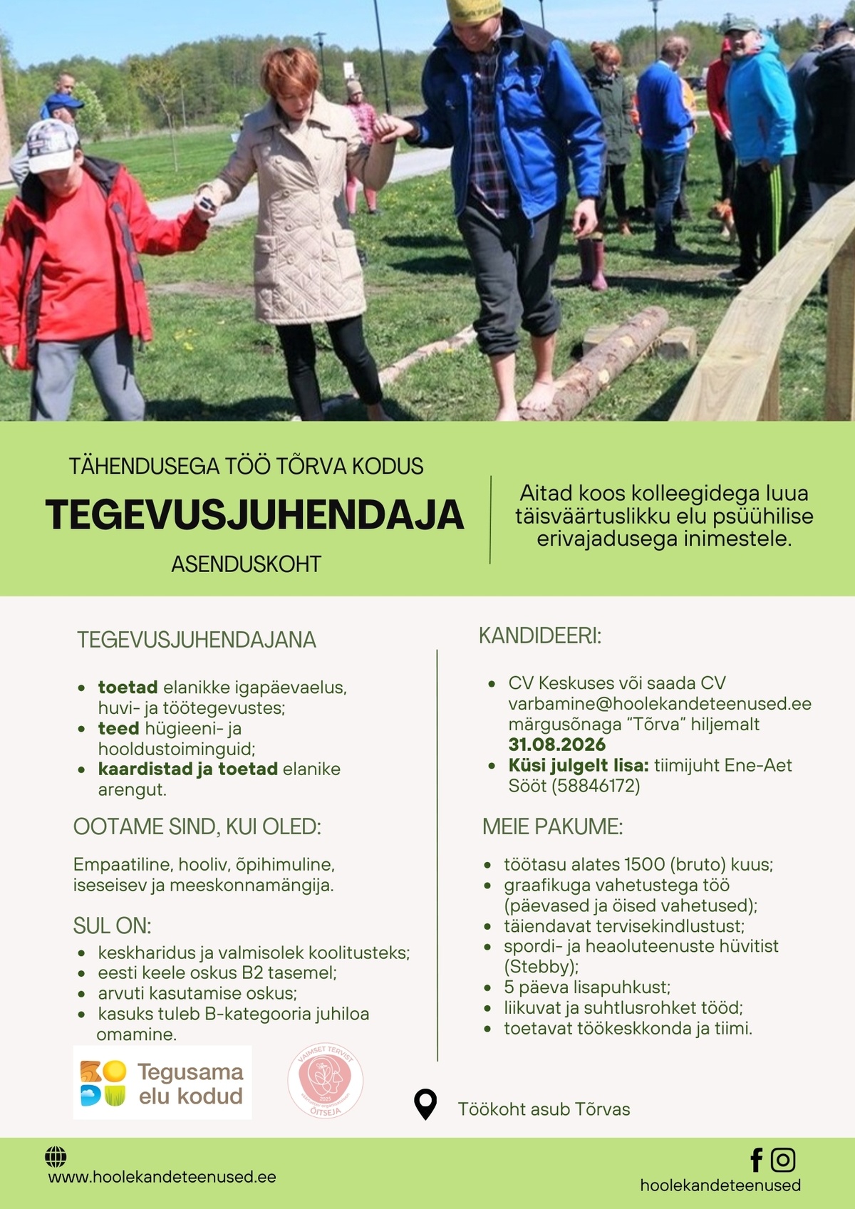 HOOLEKANDETEENUSED AS TÄHENDUSEGA TÖÖ tegevusjuhendajale Tõrva Kodus (asenduskoht)