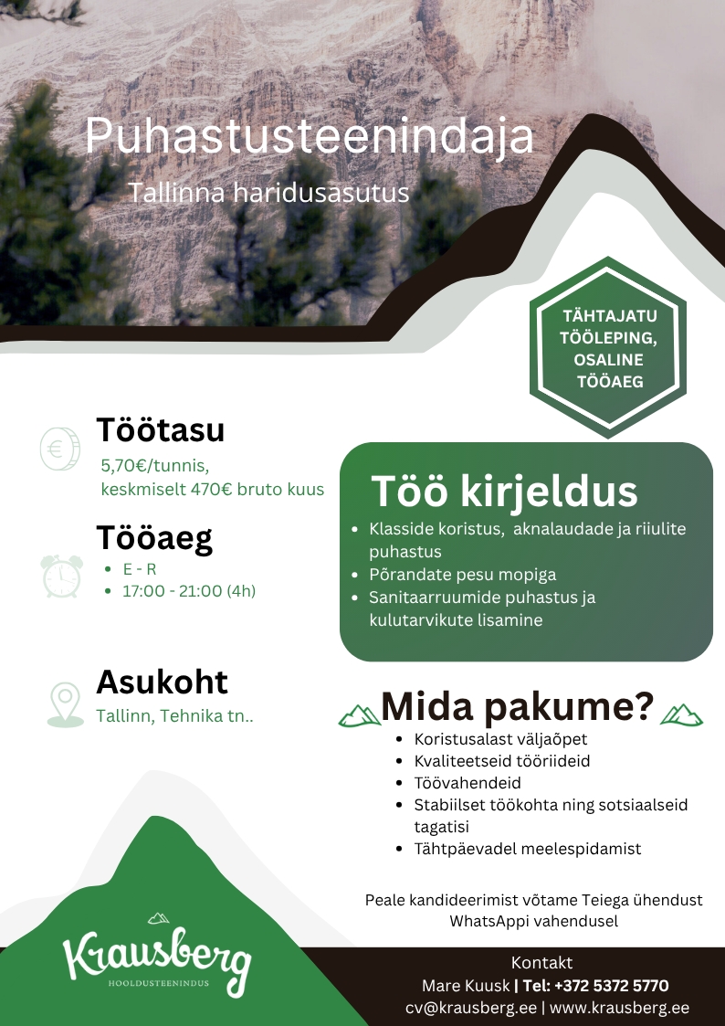 Krausberg Eesti OÜ Puhastusteenindaja Tallinn haridusasutus (õhtune, osaline tööaeg)
