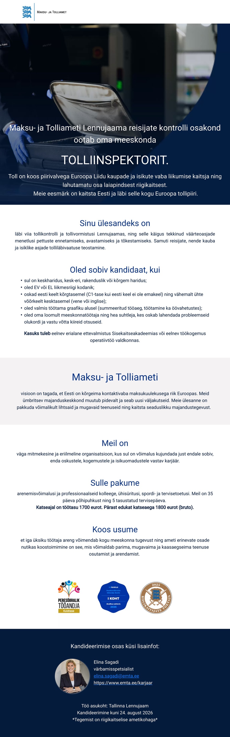 Maksu- ja Tolliamet Tolliinspektor (Tallinna Lennujaam)