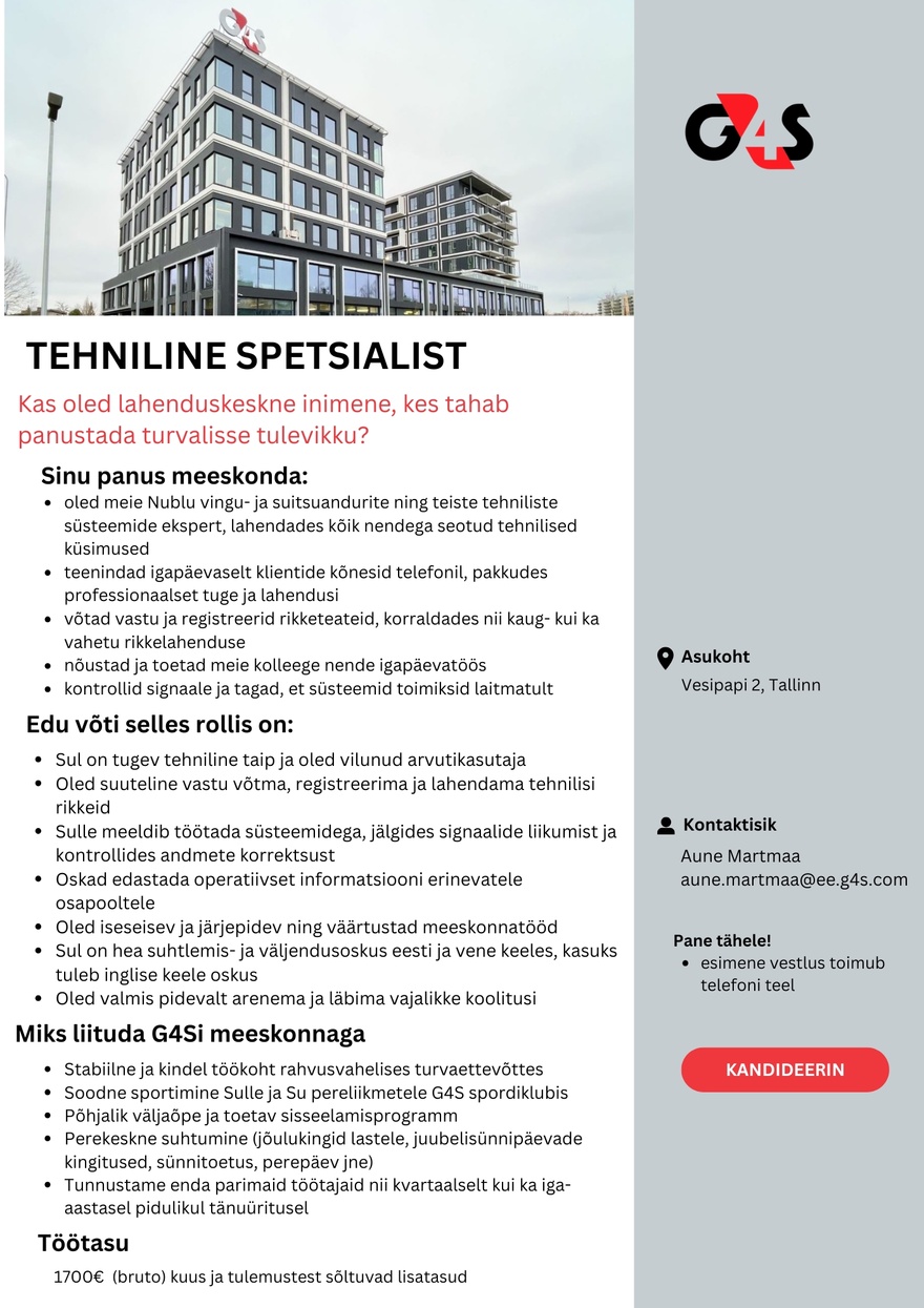 G4S Eesti AS Tehniline spetsialist