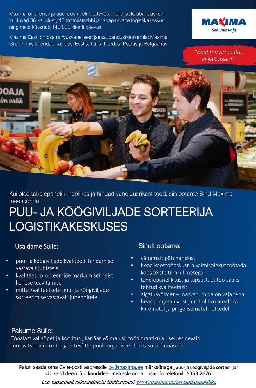Maxima Eesti OÜ Puu-ja köögiviljade sorteerija Maxima Logistikakeskuses