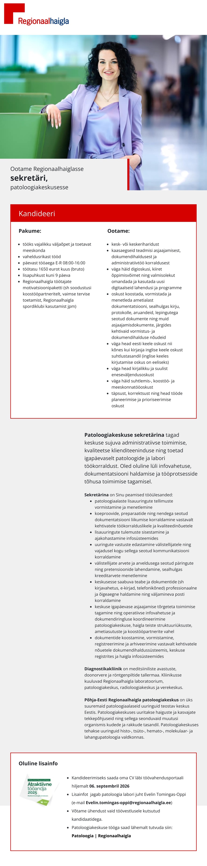 Põhja-Eesti Regionaalhaigla Sekretär patoloogiakeskusese