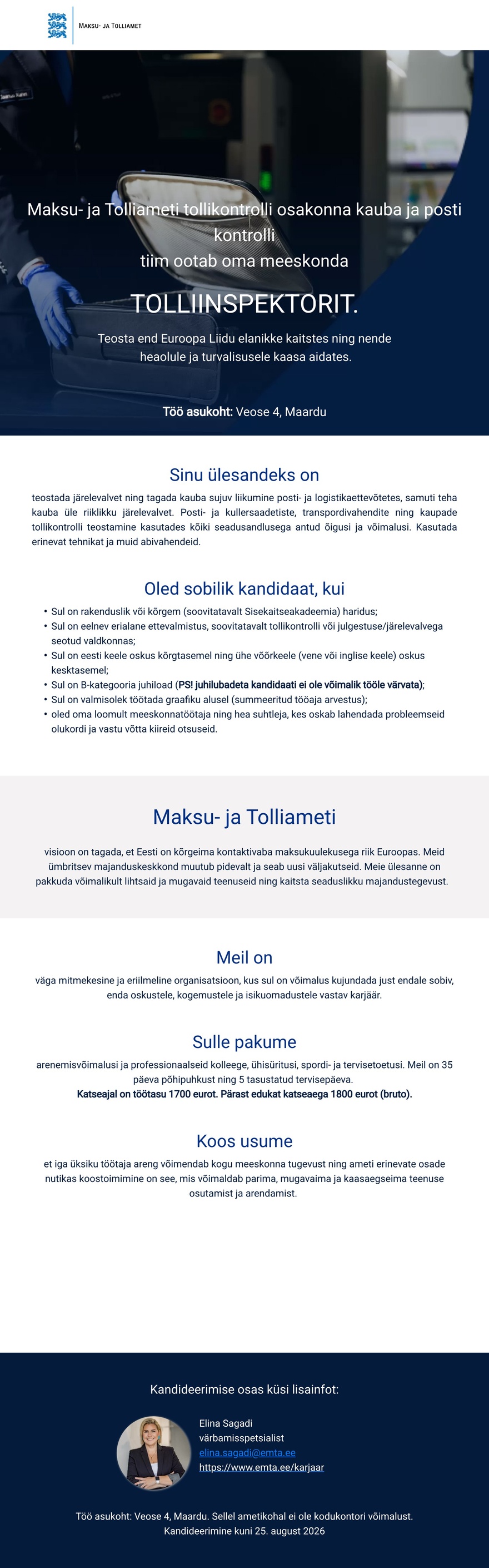 Maksu- ja Tolliamet Tolliinspektor (kauba kontroll)