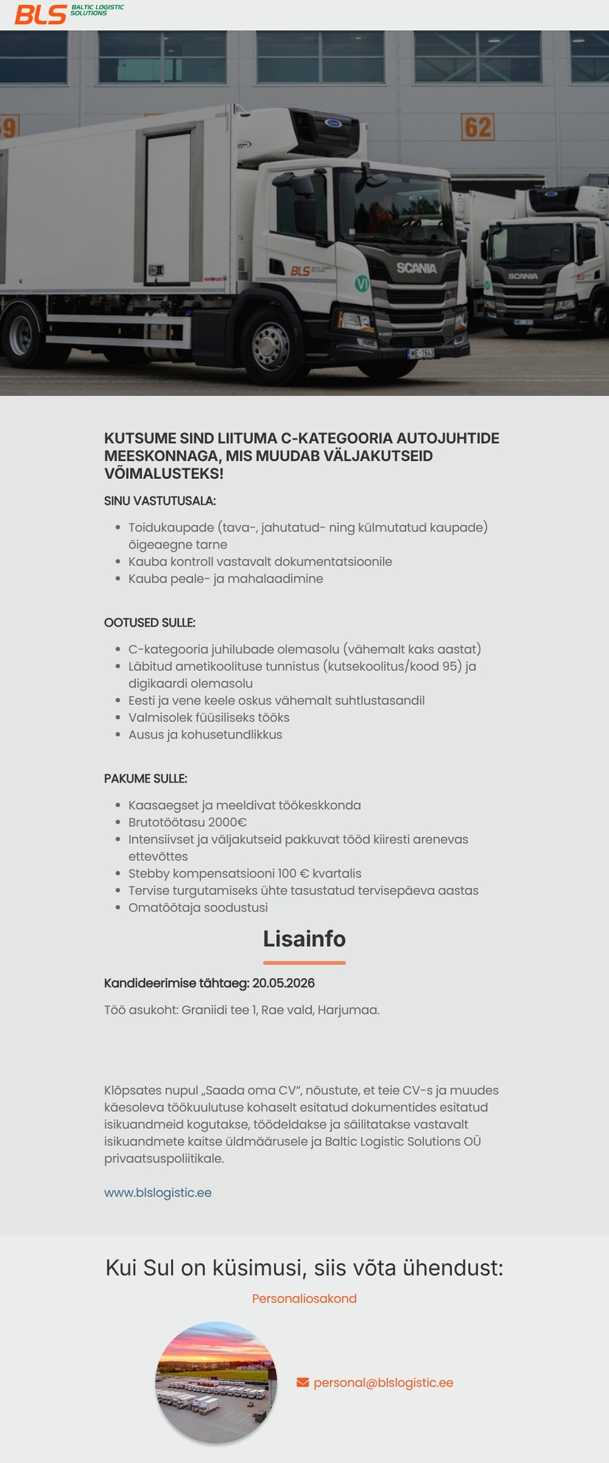Baltic Logistic Solutions OÜ C1 või C-kategooria autojuht