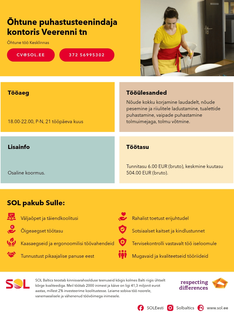 SOL Baltics OÜ Õhtune puhastusteenindaja kontoris Veerenni tn
