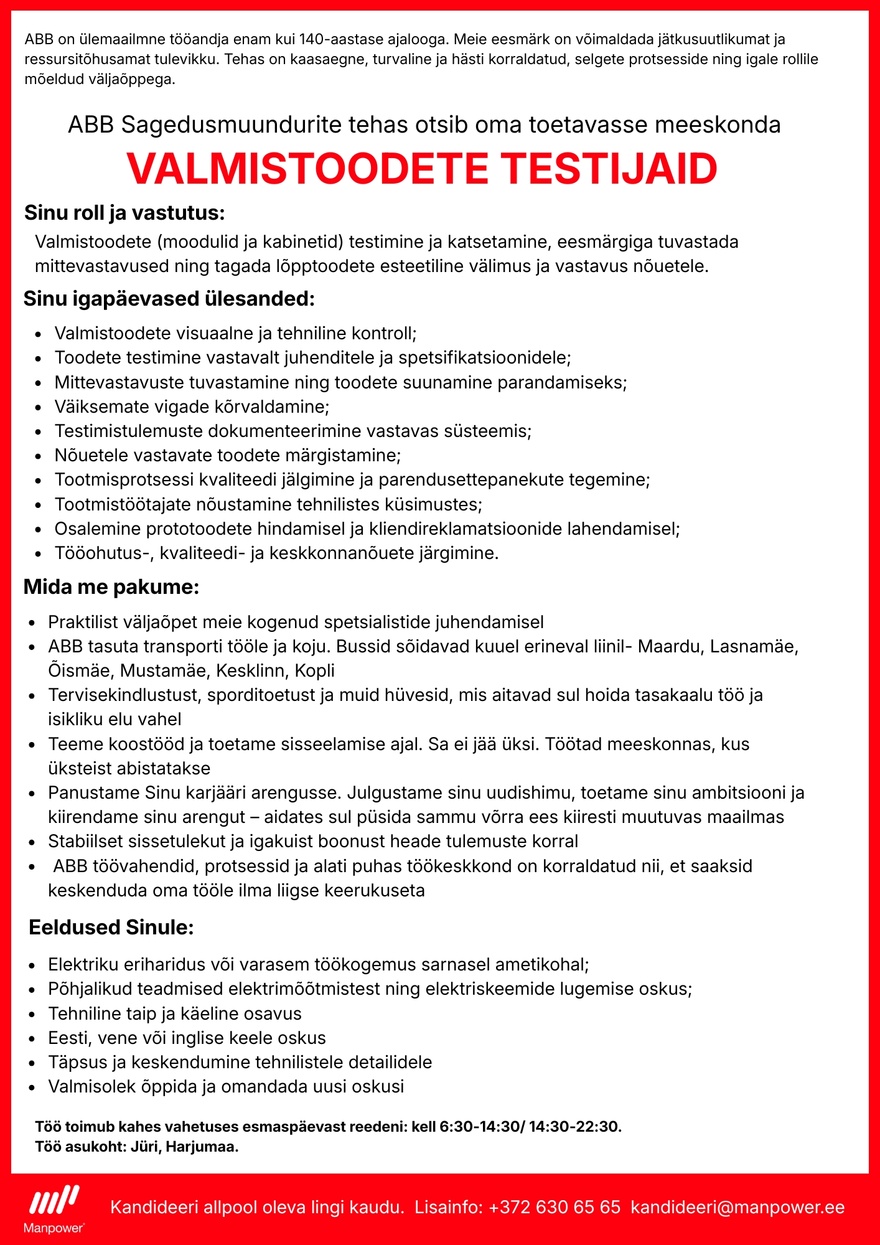 Manpower OÜ VALMISTOODETE TESTIJA