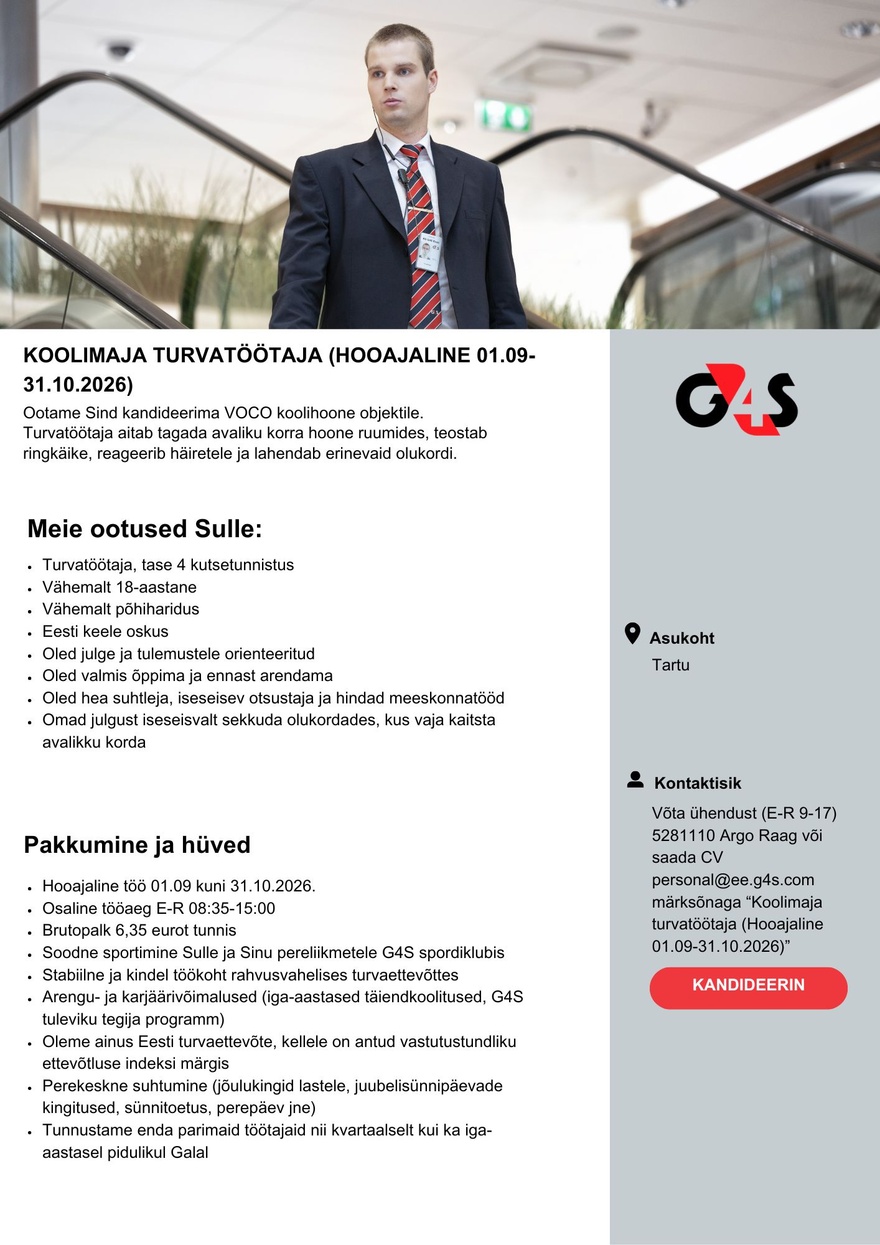 AS G4S Eesti Koolimaja turvatöötaja (Hooajaline 01.09-31.10.2026)