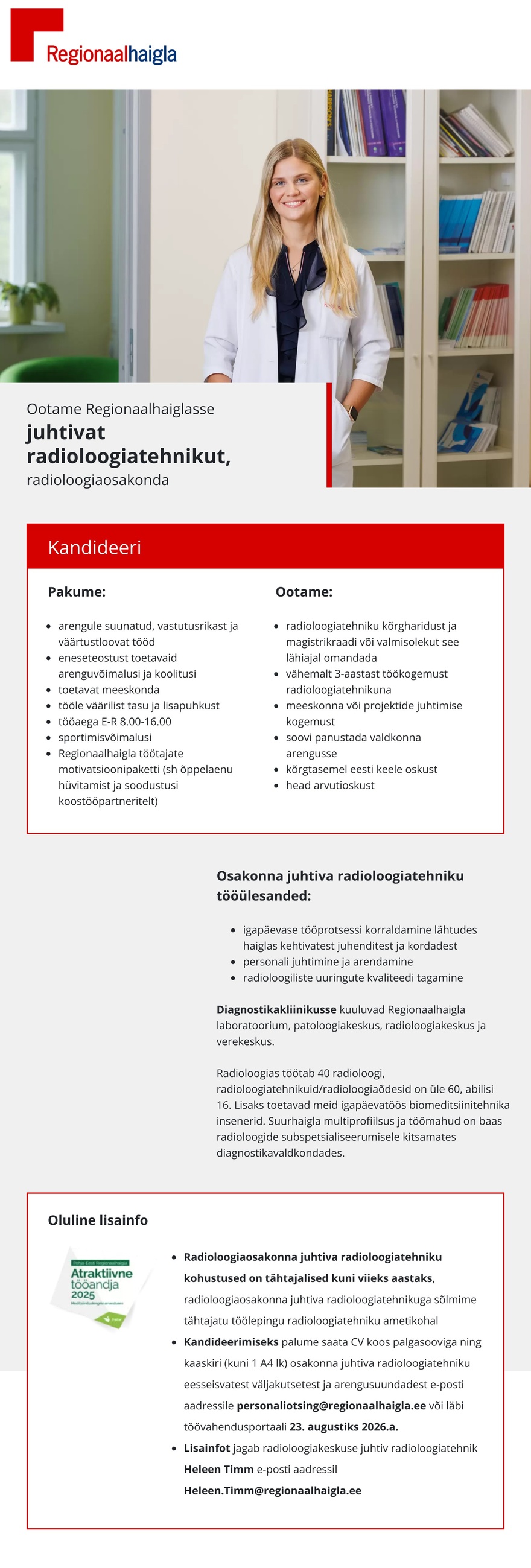 Põhja-Eesti Regionaalhaigla Juhtiv radioloogiatehnik radioloogiaosakonda