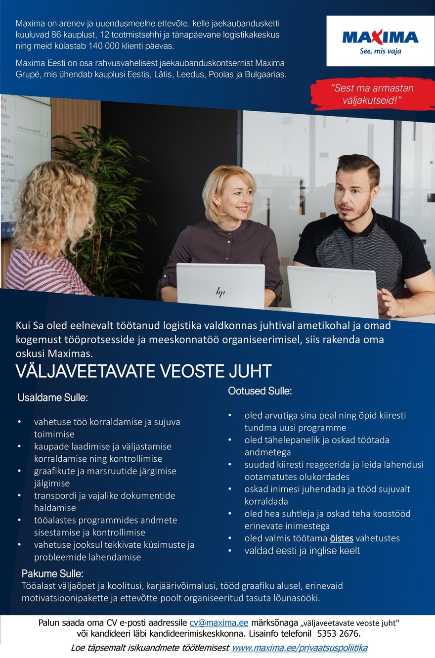 Maxima Eesti OÜ Väljaveetavate veoste juht logistikakeskuses (öövahetustega)