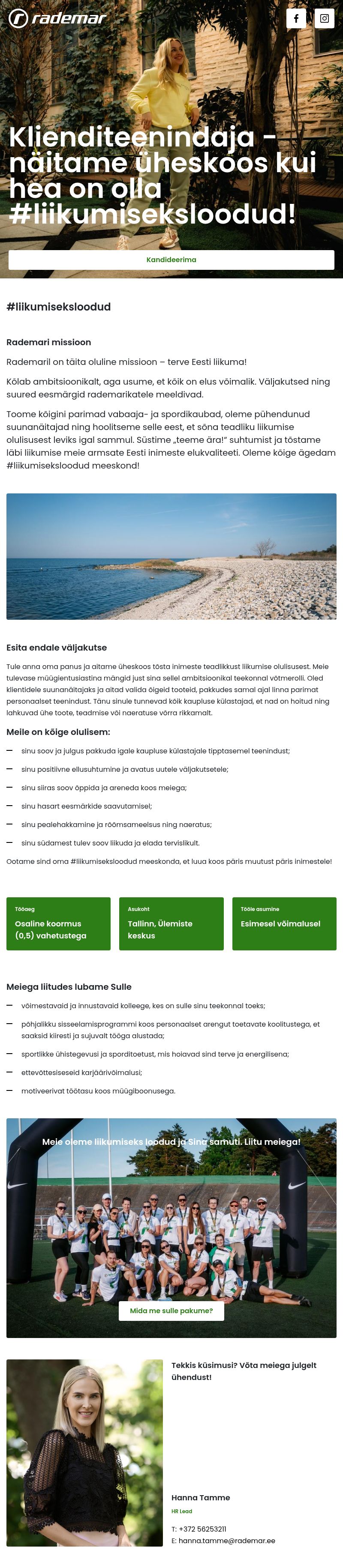 Rademar OÜ Klienditeenindaja- näitame üheskoos kui hea on olla #liikumiseksloodud!