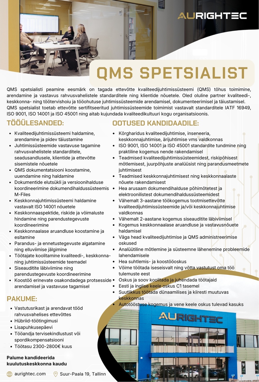 Aurightec Estonia AS QMS spetsialist
