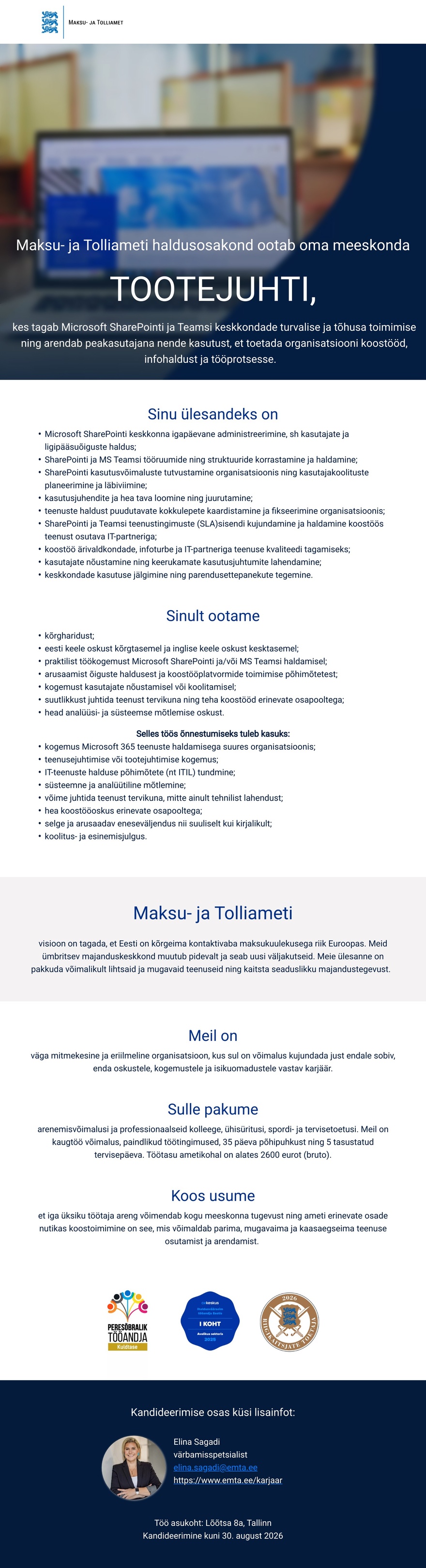 Maksu- ja Tolliamet Tootejuht (MS SharePoint/ MS Teams)
