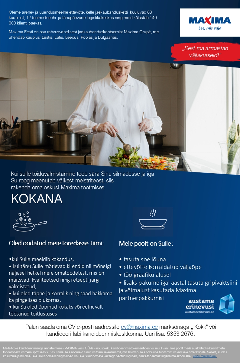 Maxima Eesti OÜ Narva Maxima tootmistsehhi kokk