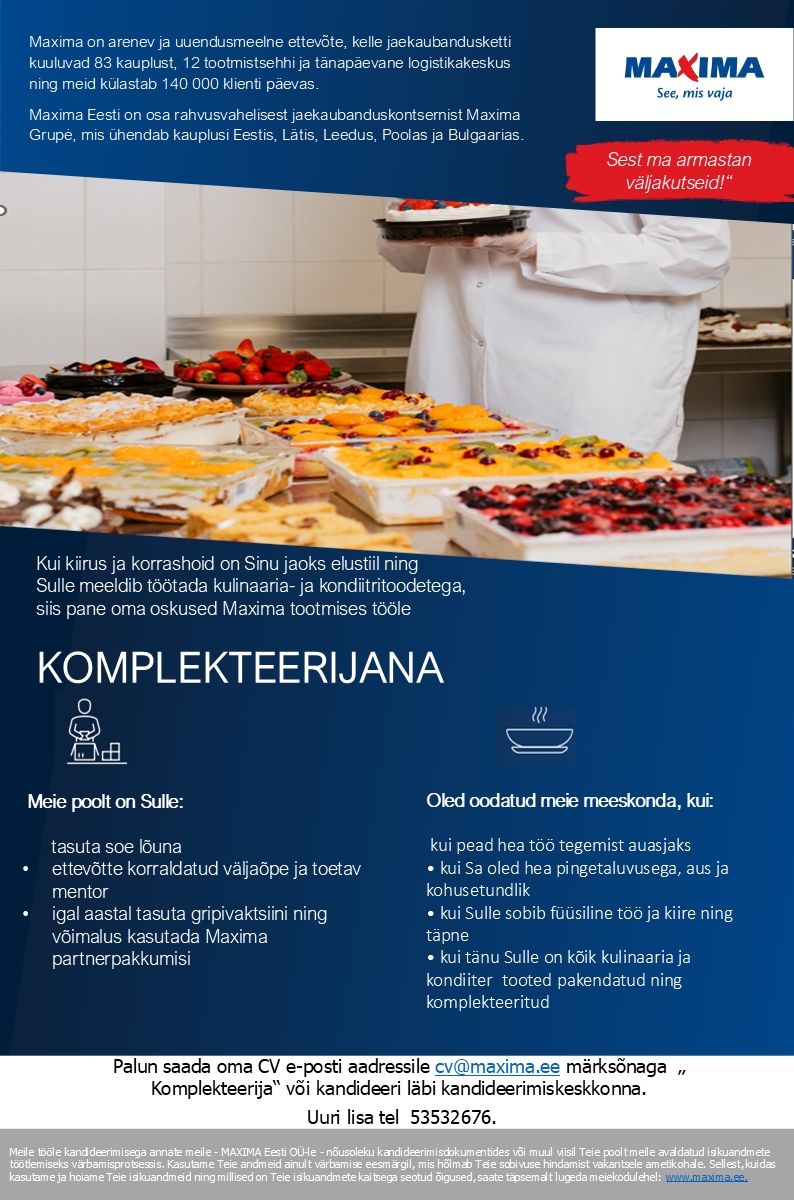 Maxima Eesti OÜ Tootmistsehhi komplekteerija Maximas Narvas