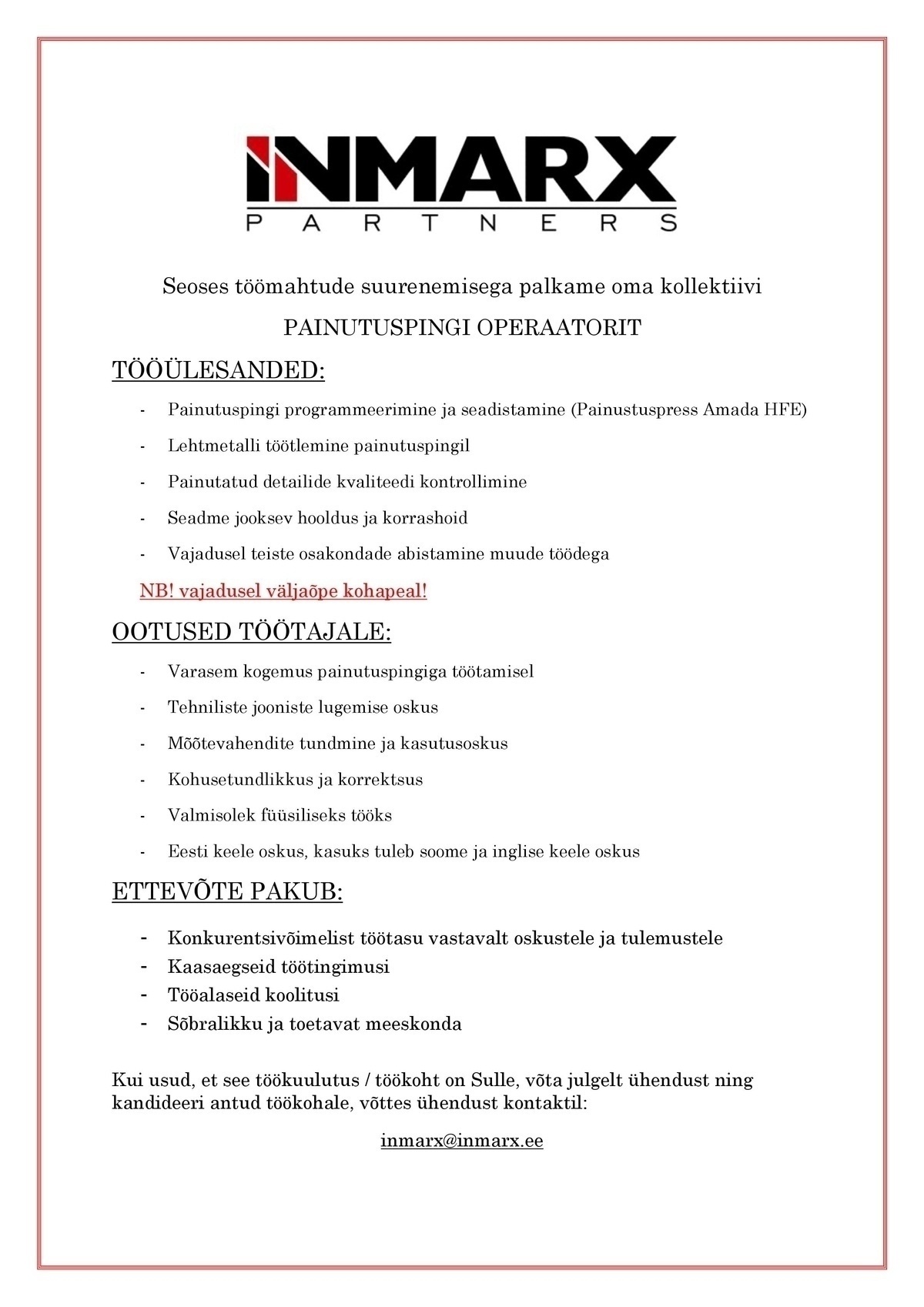 INMARX PARTNERS OÜ Painutuspingi operaator