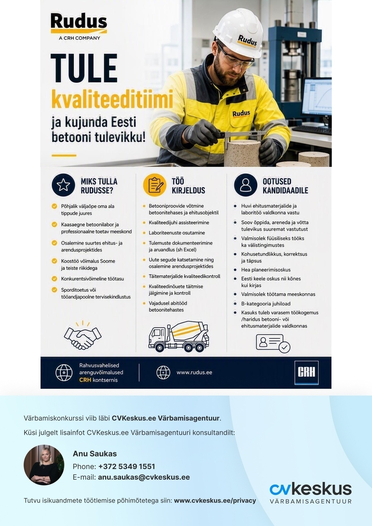 Rudus AS BETOONITEHASE LABORANT/ KVALITEEDIPSETSIALIST