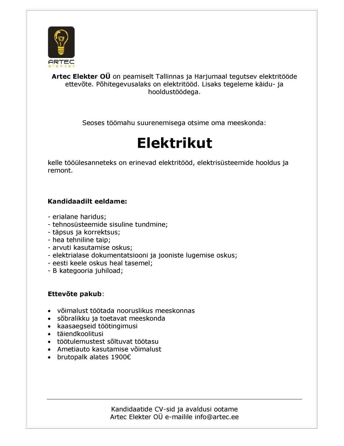 ARTEC ELEKTER OÜ Elektrik