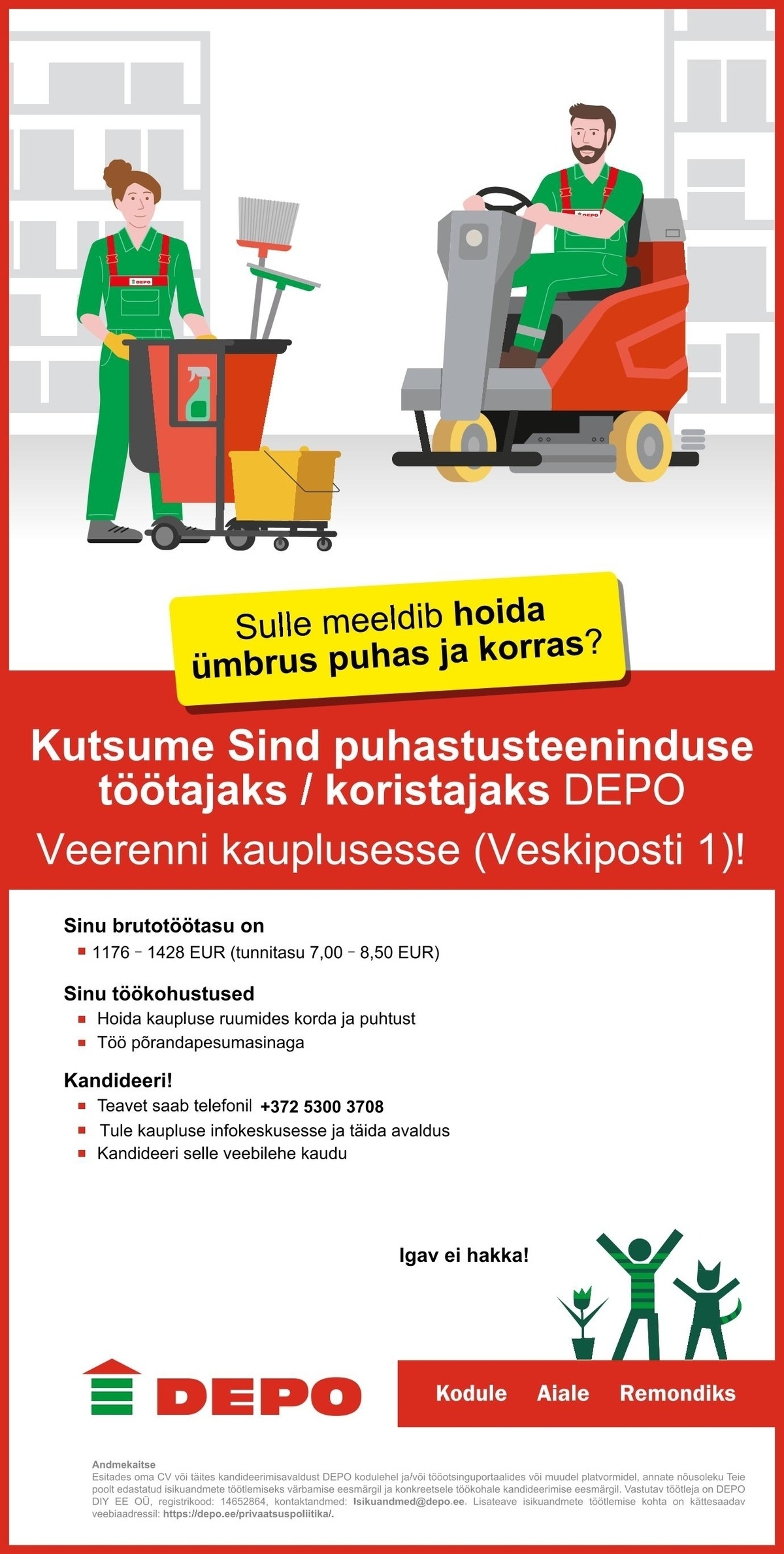 DEPO DIY EE OÜ Puhastusteeninduse töötaja / koristaja, Veerenni (Veskiposti 1)