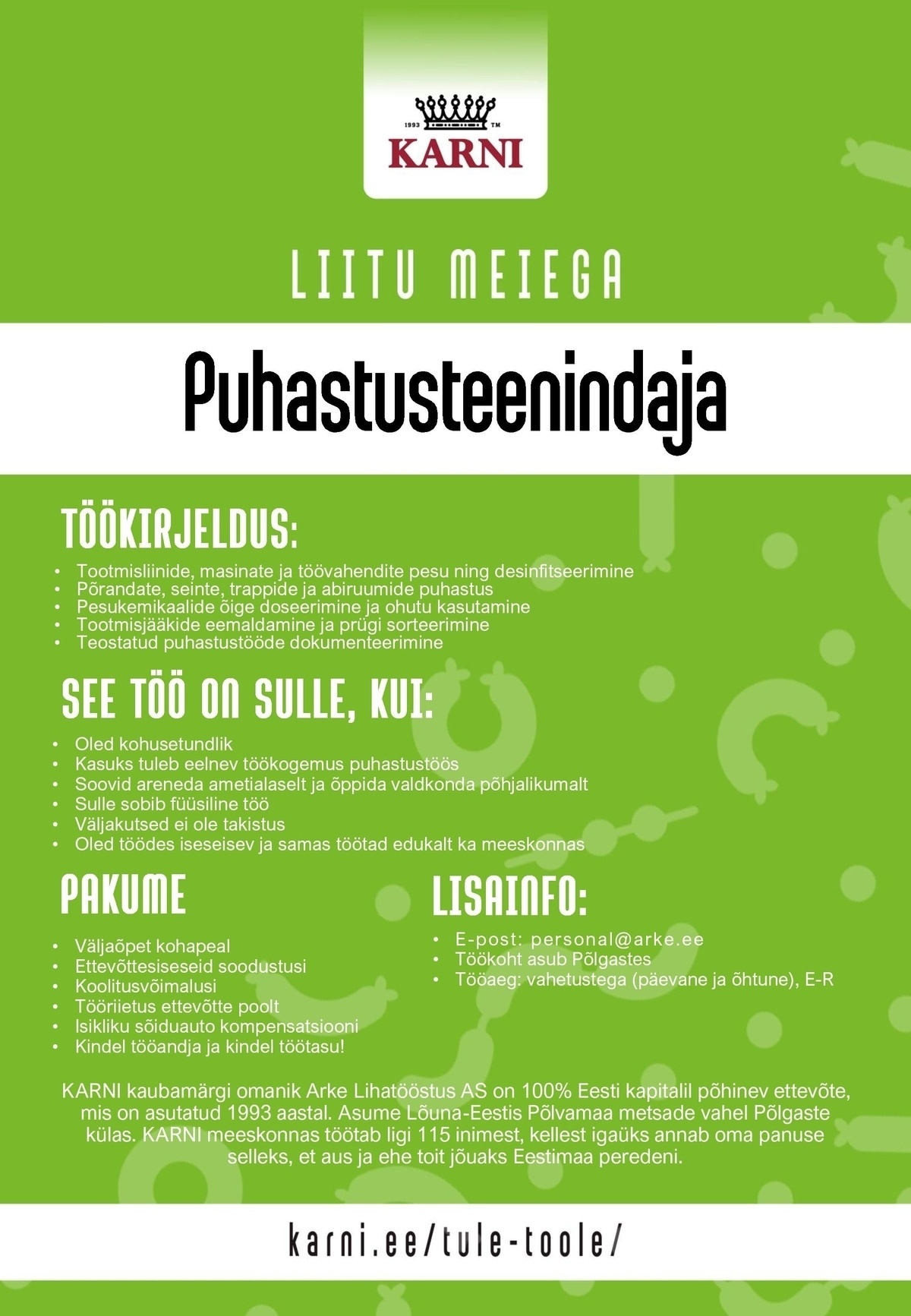 Arke Lihatööstus AS Puhastusteenindaja