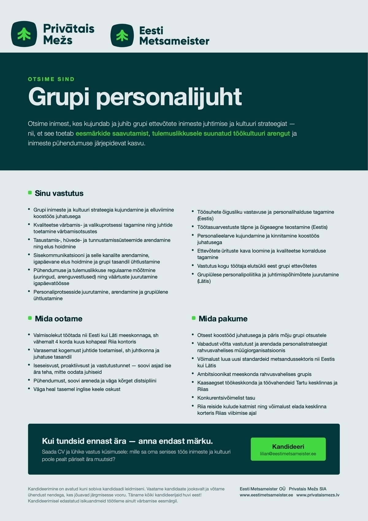 EESTI METSAMEISTER OÜ Grupi personalijuht
