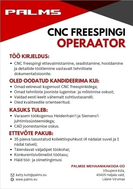 Palmse Mehaanikakoda OÜ CNC freespingi operaator