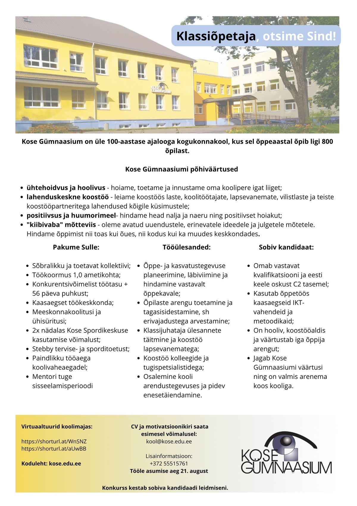KOSE GÜMNAASIUM Klassiõpetaja