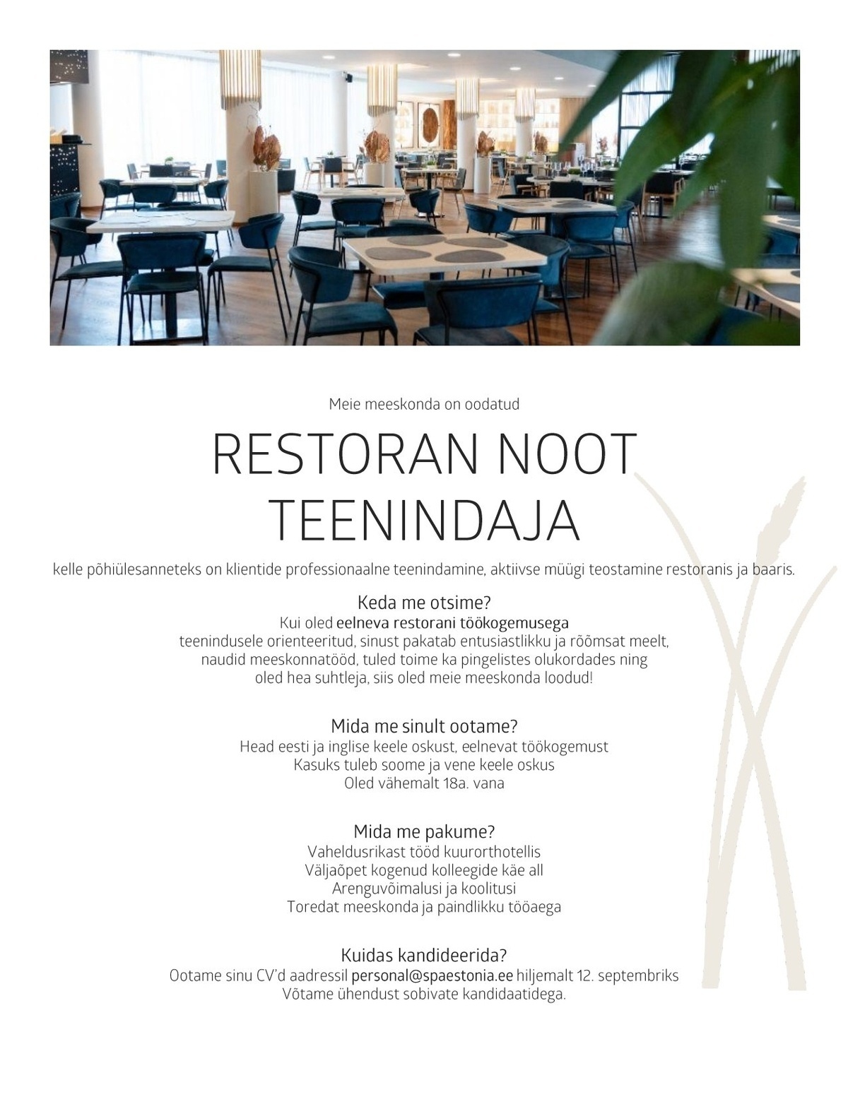 Estonia Spa Hotels AS Teenindaja restoranis NOOT Estonia Spa Hotels´is
