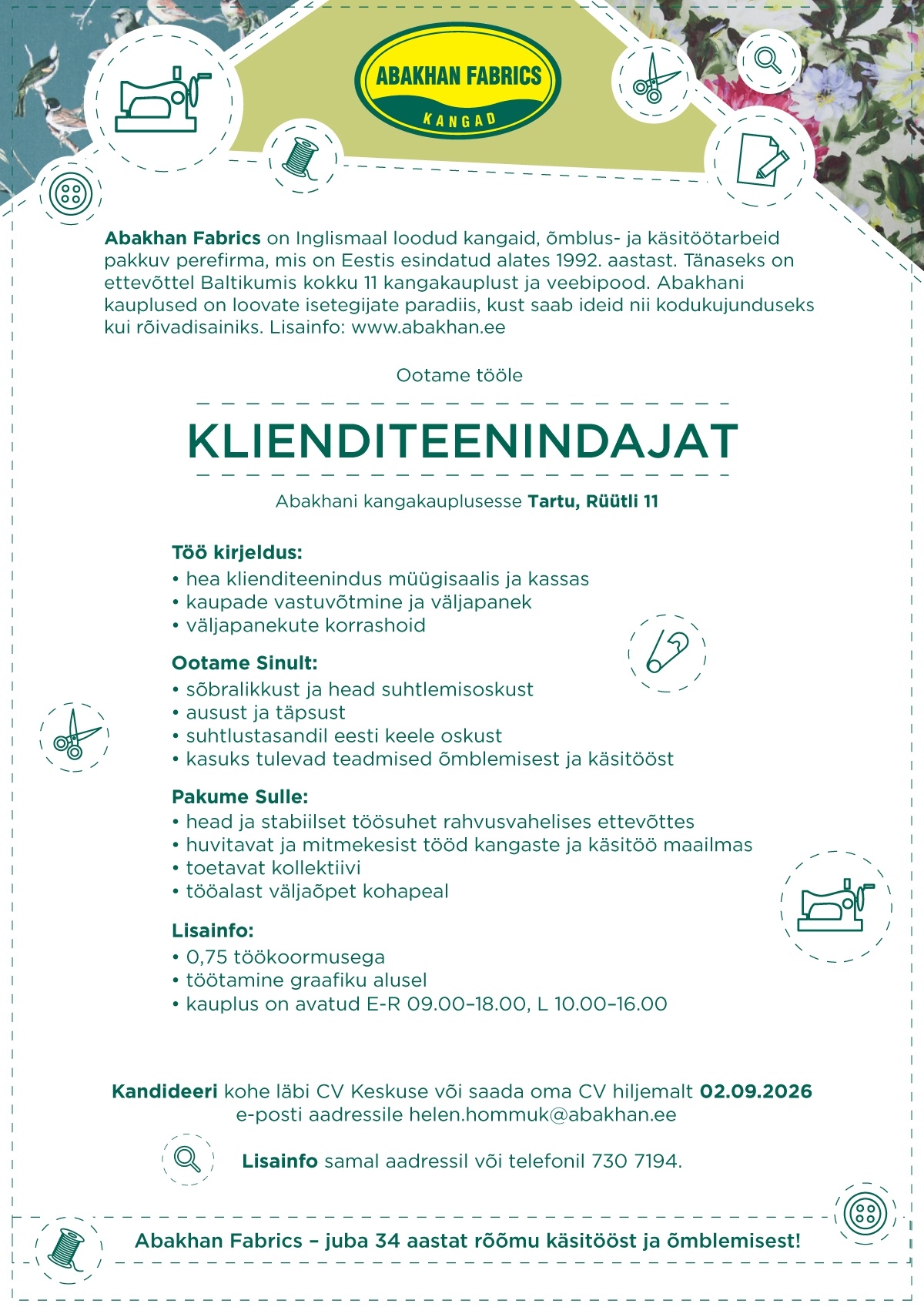 Abakhan Fabrics Eesti AS Klienditeenindaja Abakhani Rüütli kauplusesse (0,75 koormus)