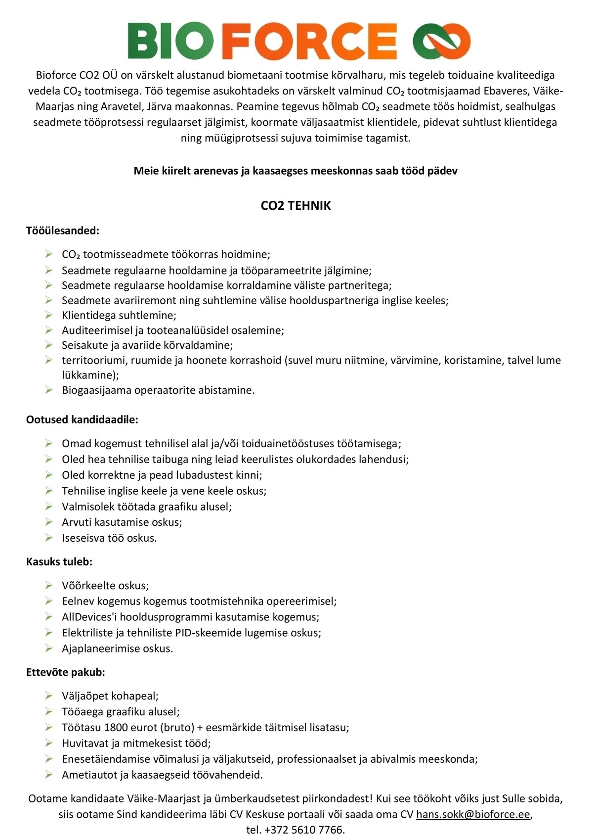 Bioforce CO2 OÜ CO2 TEHNIK