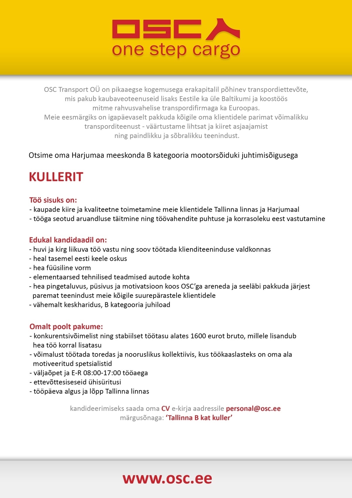 OSC TRANSPORT OÜ Autojuht-kuller B kat