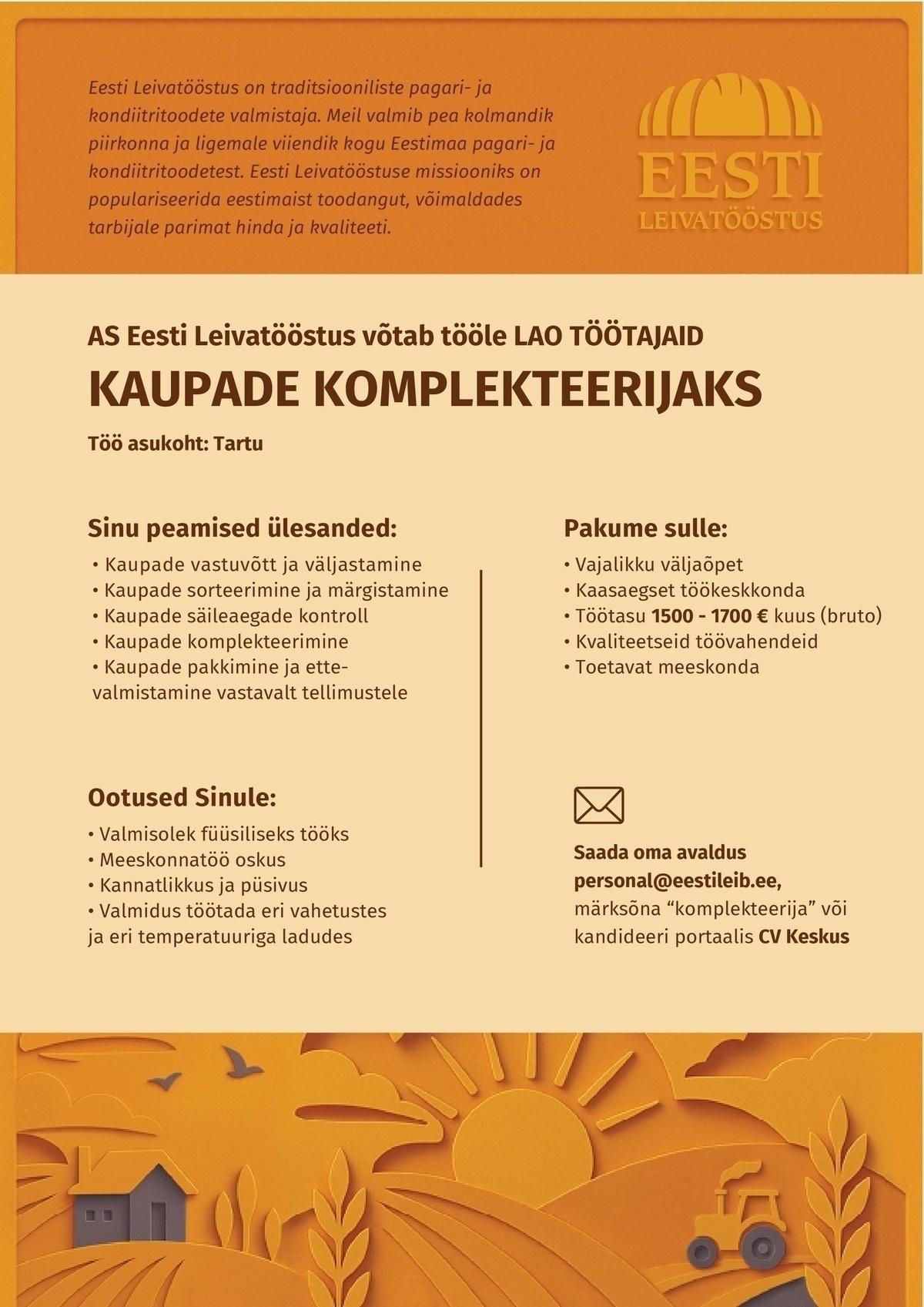 EESTI LEIVATÖÖSTUS AS KAUPADE KOMPLEKTEERIJA - LAO TÖÖTAJA