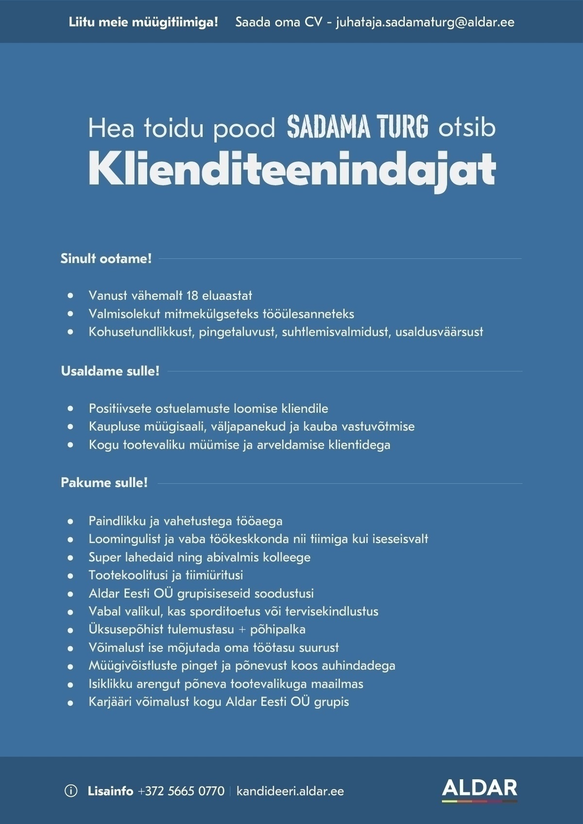 Aldar Eesti OÜ Klienditeenindaja Sadama Turule