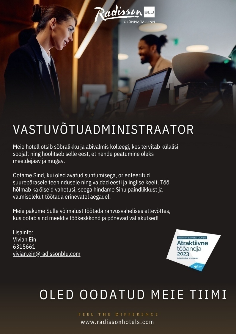 Radisson Blu Hotel Olümpia / Hotell Olümpia OÜ Vastuvõtuadministraator